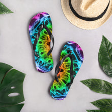 Load image into Gallery viewer, 432 Reversed Rainbow over black background Flip-Flops