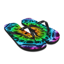Load image into Gallery viewer, 432 Reversed Rainbow over black background Flip-Flops
