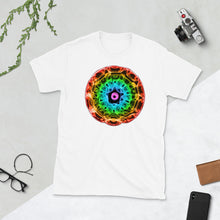 Load image into Gallery viewer, Short-Sleeve Unisex 432 Hz T-Shirt - Normal Human Rainbow 7 Chakra Colors - Red on outside to Purple in the center
