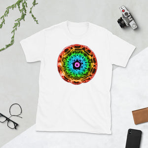 Short-Sleeve Unisex 432 Hz T-Shirt - Normal Human Rainbow 7 Chakra Colors - Red on outside to Purple in the center