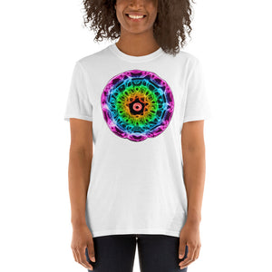 Short-Sleeve 432 Hz Unisex T-Shirt - Reversed Human Rainbow  7 Chakra Colors - Purple on outside to Red in the center